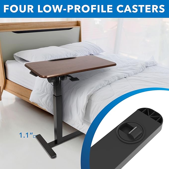 Mount-It! Rolling Bedside Table, Overbed Tray Table on Wheels for Hospital or Home Meals in Bed, Adjustable Height Tilting Swivel Standing Laptop Desk 31"x15" with Wheels, Walnut Color 27" to 41" High
