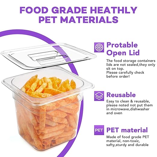 VOISEN 6 Pack Plastic Food Pan with Lids 1/6 Size 4 Inch Deep Commercial Food Storage Containers for Fridge Salad Fruits Vegetables Clear Restaurant Polycarbonate