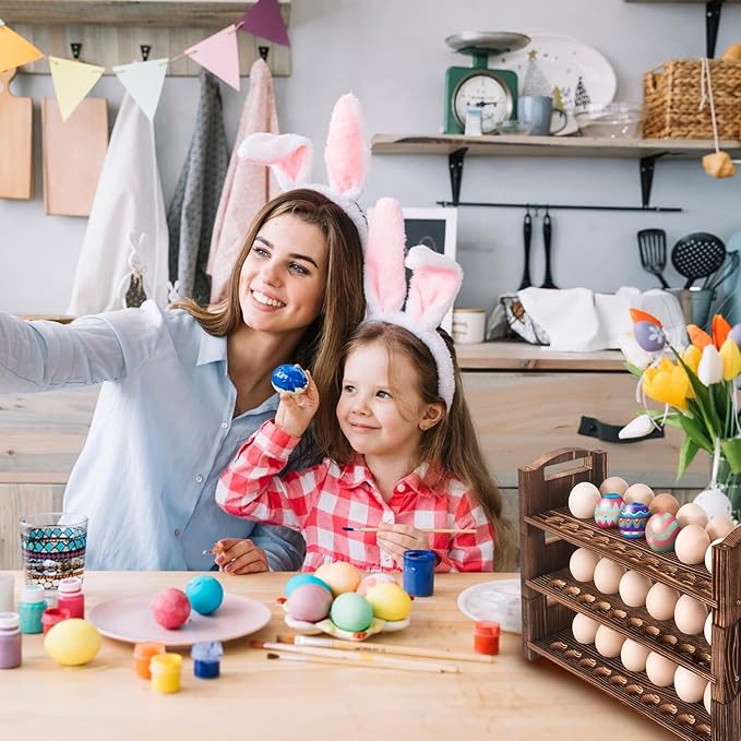 Wooden Egg Holder 2 Layer Rack Holders Countertop Stackable Quail Egg Sorter Storage Trays Organizer Display Stand Kitchen Rack Fits Duck, Turkey, Chicken Eggs,up to 36 Eggs, 2 Tier-Brown