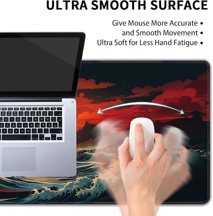 Japanese Sea Wave Large Mouse Pad,Gaming Keyboard Desk Pad,Extended Mouse Mat Non-Slip Rubber Base with Stitched Edges for Office Game Home XXL 35.4"x15.7"