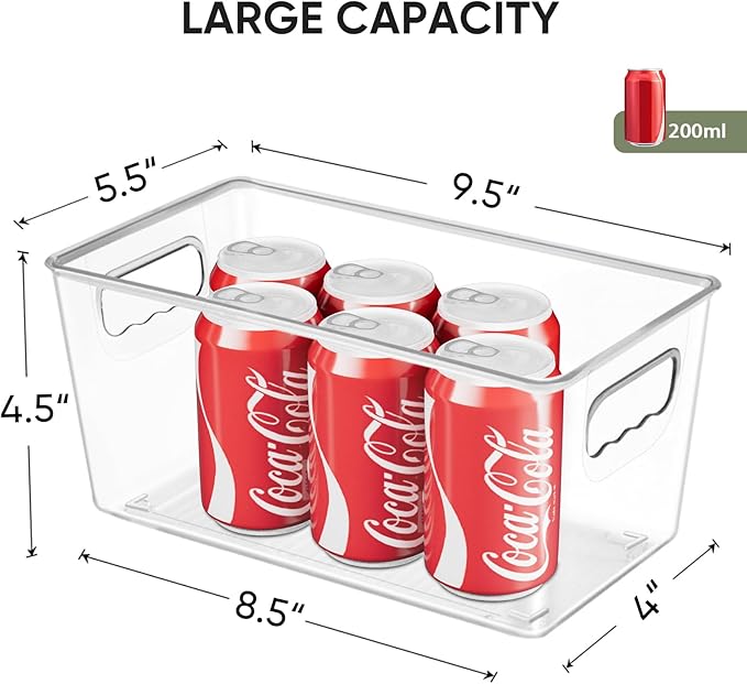 BALEINE Clear Plastic Storage Bins, Pantry Organization, BPA Free Stackable Refrigerator Organizers and Storage with Handles for Kitchen Fridge Cabinet Bathroom (4PK, 9.5x5.5x4.5)