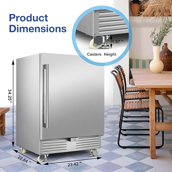 Outdoor Refrigerator 24 Inch, Undercounter Beverage Fridge with Wheels, 180 Cans Waterproof Stainless Steel Fridge for Outdoor Kitchen and Patio