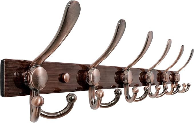 Dseap Coat Rack Wall Mount 2.0 Pro: 24” Long, 3X Tougher, Heavy Duty Stainless Steel Wall Coat Hanger with 6 Tri Hooks for Clothes Jackets Hats Entryway Closet, Antique Copper