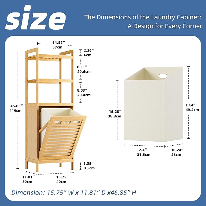 HITNET Tilt Out Laundry Hamper, Bamboo Laundry Basket with Foldable Bag and 3 Open Shelves, Freestanding Clothes Storage Organizer for Bedroom, Bathroom, Living Room, Natural