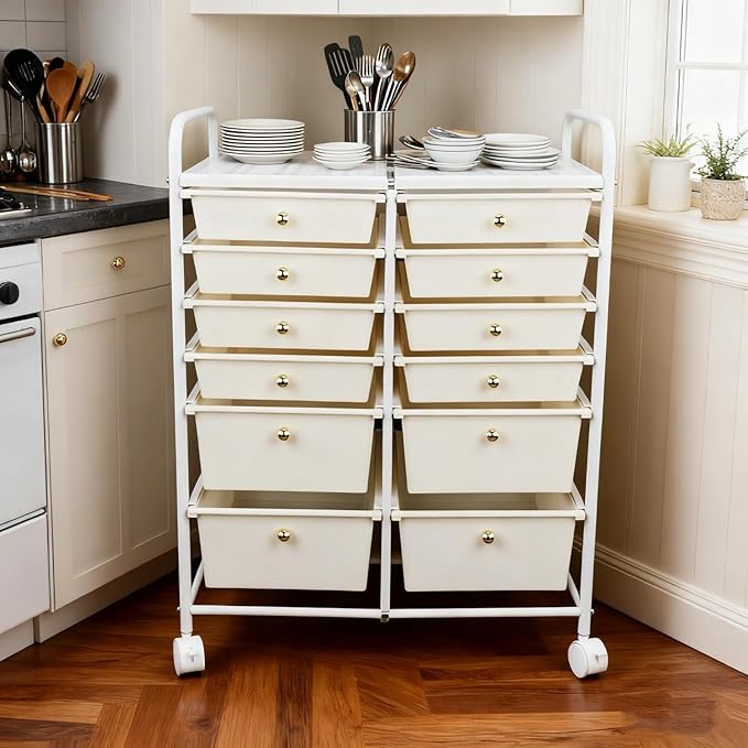 White 12 Drawers Rolling Storage Cart With Drawers, Multipurpos Plastic Storage Trolley, Rolling Carts With Wheels, Craft Corner Storage Organizer for Kitchen Bathroom Garage Salon Shop Office