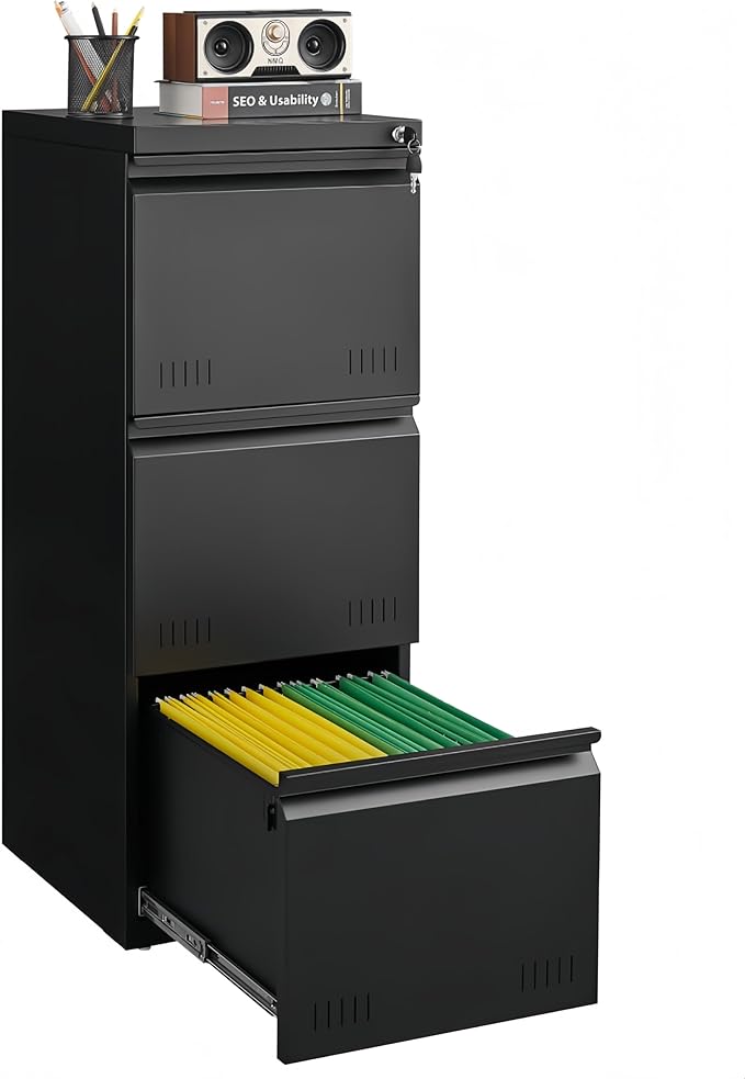 Metal File Cabinet with Lock, Vertical 3 Drawer File Cabinets for Home Office, Heavy Duty Office Storage Cabinet for A4/Letter/Legal Size, Assembly Required(Black)
