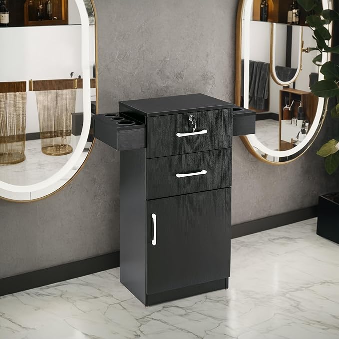 BarberPub 38"x18"x14" Locking Beauty Salon Storage Cabinet, Barber Styling Station with Nylon Hair Dryer Holder, Barber Shop Stylist Equipment with Drawers 2021 (Black)