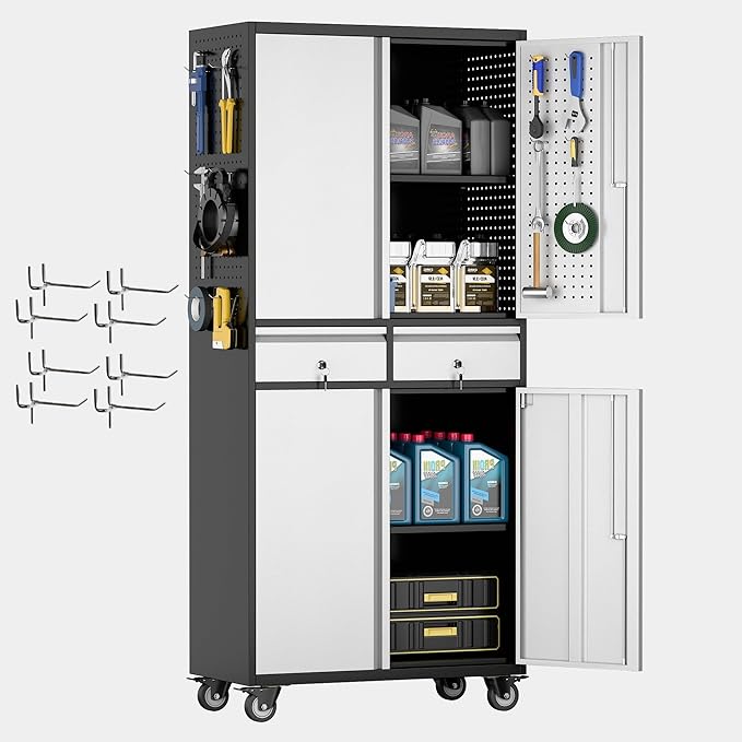 Aobabo Metal Storage Cabinet with Locking Doors and Pegboards, Steel Rolling Tool Storage Cabinet with 2 Drawer and 2 Adjustable Shelves for Garage, Kitchen, Office, Assembly Required, Black Grey