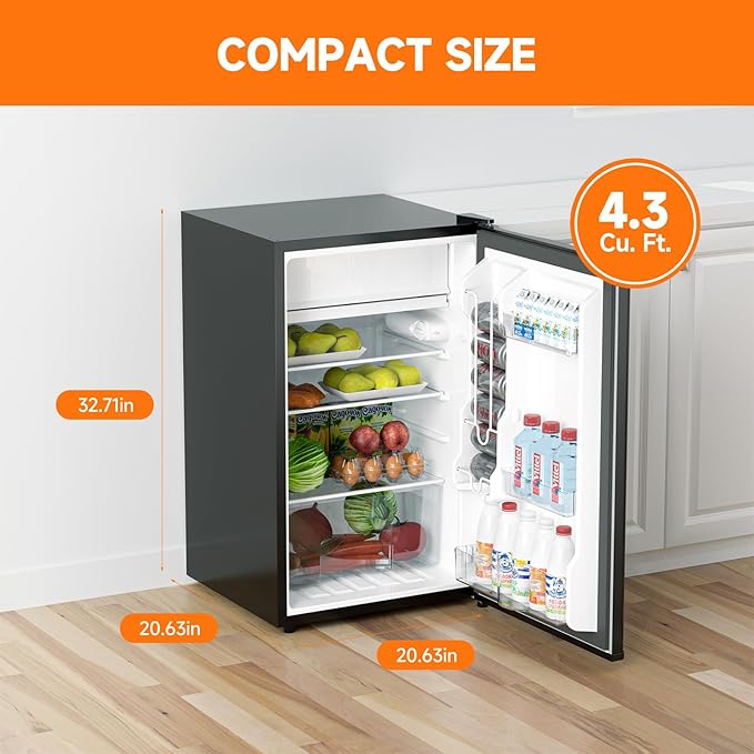 4.3 Cu.Ft Mini Fridge With Freezer, Single Door Mini Fridge w/7 Settings Temperature Adjustable, Mini Refrigerator for Apartment, Bedroom, Office, Dorm, Black