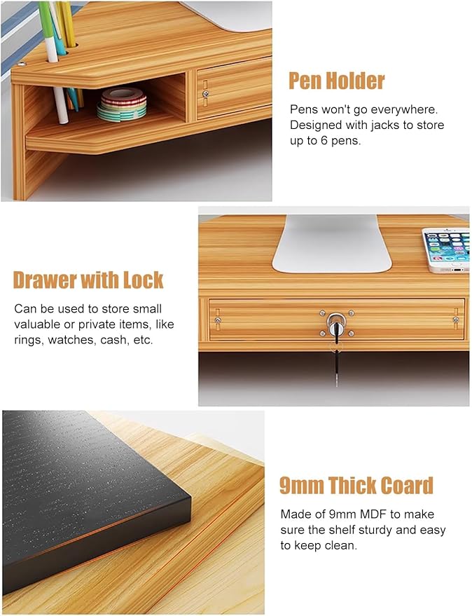 Triangular Wooden Corner Monitor Stand - Space-Saving Desktop Organizer & Laptop Shelf with Drawer, Perfect for Home & Office Use, Maximizing Workspace Efficiency