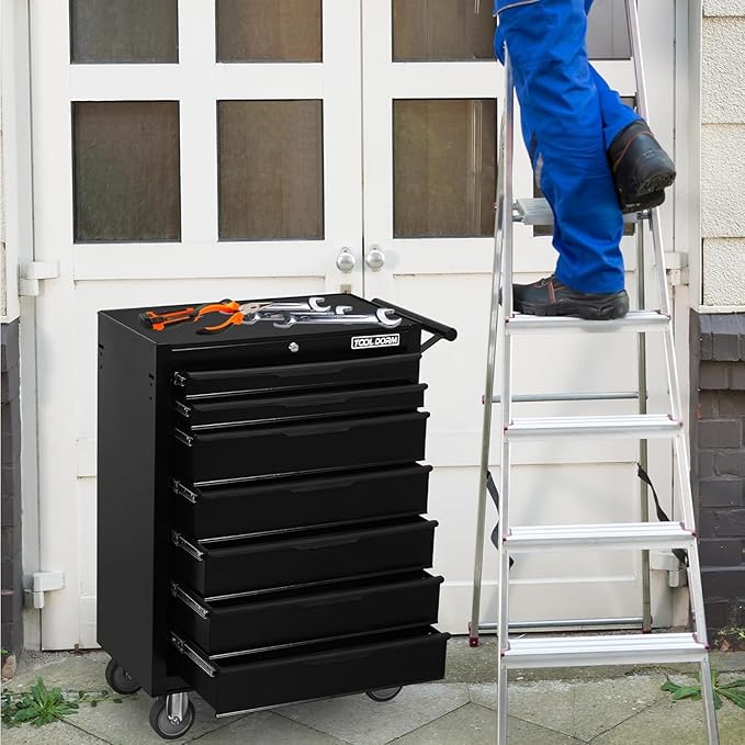 7-Drawer Rolling Tool Chest with Locking Wheels & Drawers, 13" D x 24.2" W x 34" H Mobile Tool Storage Cabinet, Heavy-Duty Garage Organizer w/Ergonomic Handle