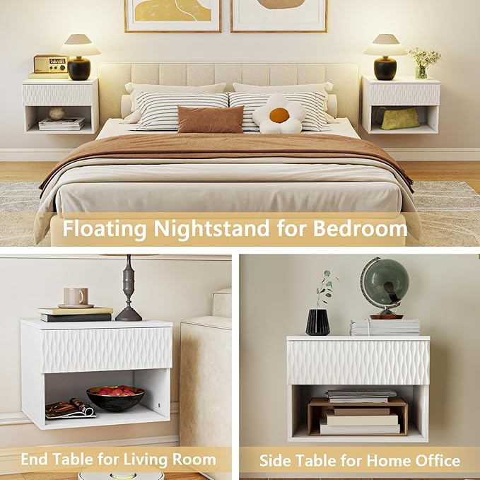 Floating Nightstand Set of 2,Modern Bedside Tables with for Bedroom,Small Night Stands with Drawer and Open Shelf, Wall Mounted End SideTables Set for Living Room