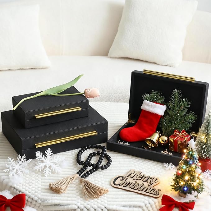 Faux Shagreen Leather Jewelry Storage Boxes Set of 3 with Gold Handles, Velvet Lined Stackable Organizer for Women, Vanity, Dresser, Gift, Black