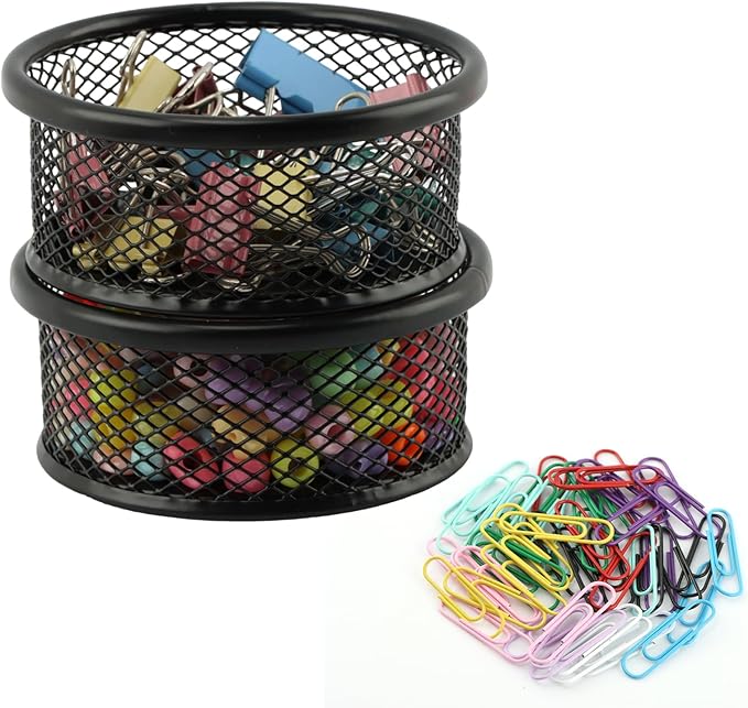Paper Clip Holder With 50PCS Colored paper clips, 2/4PCS Stackable PaperClip Organizer for Desk,Metal Mesh PaperClip Holders with Non-Slip EVA Pad,for Office Binder Box(2pcs)