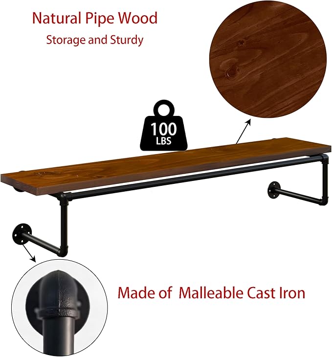Clothes Rack 48in, Wall Mounted Garment Racks with Real Walnut Wood Shelf, Heavy Duty Hanging Clothes Rack, Multi-Purpose Hanging Rod, Space-Saving Closet Storage