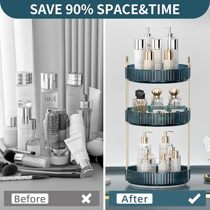 360 Rotating Makeup Organizer for Vanity, Bathroom Countertop Organizer Spinning Perfume Organizer, High-Capacity Cosmetic and Skincare Dresser Make Up Holder Rack (3 Tiers, Blue)