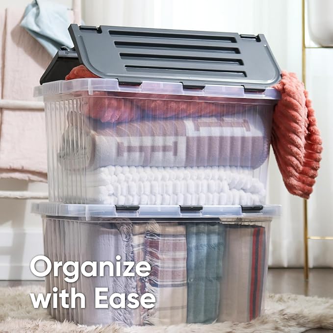 Superio Storage Bins with Lids, Clear Plastic Containers for Organizing, Stackable Totes, BPA Free, Odor Free, Organizer Boxes for Home, and Dorm, 53 Quart (4 Pack, 20.25"x14"x14.6")