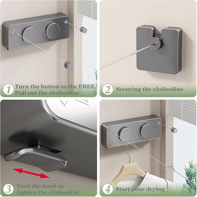 Danpoo Retractable Clothesline, Anti-Sag Adjustable Knob Heavy-Duty Clothes Line for Indoors/Outdoors with 2 * 13.8ft Stainless Steel Wire, Laundry Wall Drying Solutions, Gray