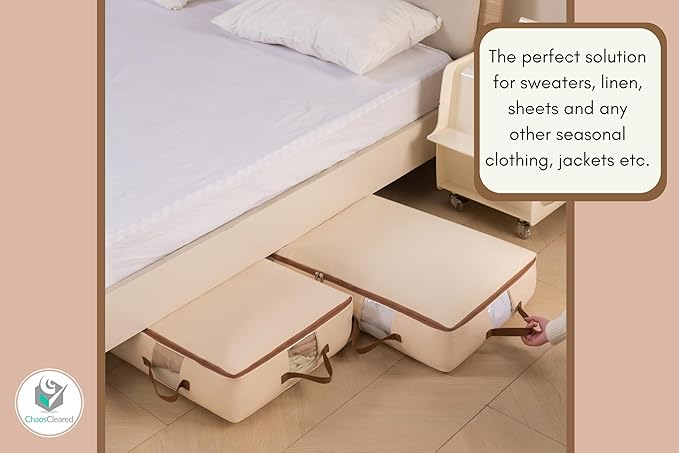 Under Bed Storage Bags 2 Pack - Low Blanket Storage Containers for Bedding, Linens & Sweaters, Made from Canvas, Extra Durable & Perfect Space Saving Solution, 38"L x 19"W x 6"H, Beige