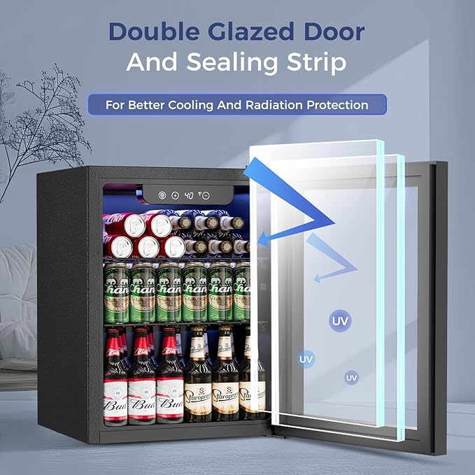 1.7 Cu.Ft Beverage Refrigerator Cooler - 68 Can Mini Fridge Glass Door for Drink Soda Beer Wine - Small Refrigerator for Bedroom Office Home Dorm Bar, Black