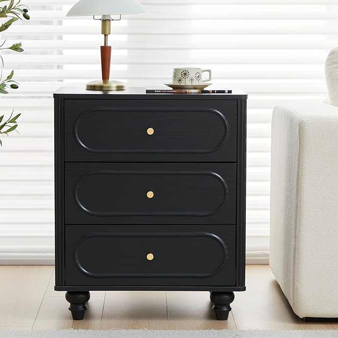 ORRD 3 Drawer Fluted Dresser for Bedroom Set of 2, Mid Century Modern Chest of Drawers, Wood Storage Small Dresser Organizer for Bedroom Living Room Hallway Closet, Black