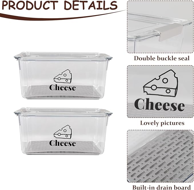 Cheese Container Airtight with Draining Basket Cream Cheese Sliced Cheeses Box with Lid Saver for Fridge Cheeses Keeper Cream Block Shredded Storage Box Saver (Clear - 2 Pack)
