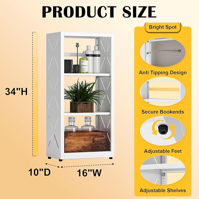 Narrow Bookshelf,3 Tier Bookcase,34" White Metal Small Bookshelf with Adjustable Feet and Adjustable Shelves,Home Office Bookcase Shelf Storage Organizer for Living Room、Kitchen