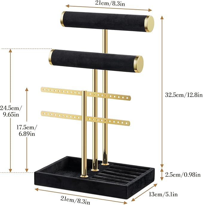 Bracelet Holder Jewelry Organizer Display - 3 Tier T Bar Velvet Stand, Black Jewelry Storage for Bracelet, Necklaces, Earrings, Rings, Watches