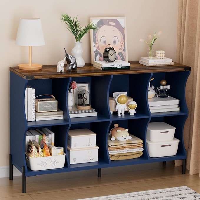 8 Cube Storage Shelf Organizer, Low Book Shelf Bookcase Entryway Table, Wood Closet Storage Display Cabinet TV Stand for Living Room, Office,Bedroom, Dorm, Blue with Natural Top