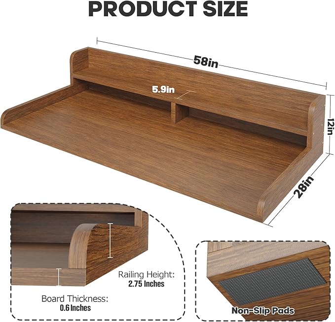 2-Tier Washer Dryer Countertop with 2.75" H Edge Rails, 58" W x 28" D Laundry Countertop for Folding Clothes, Washer and Dryer Topper with Non-Slip Pad (Brown)