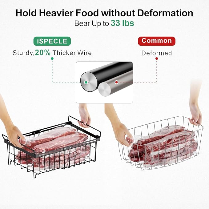 iSPECLE Deep Freezer Organizer Bins - 3 Pack Large Freezer organizer Bins, Hanging Basket Expands to 22.6" (L), Stackable Bins Expand to 17.1"(L), Fit 10 to 20 Cu.FT, 1 Hanging & 2 Stacking, Black