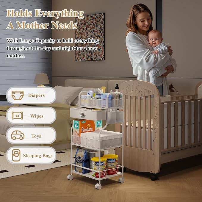 Baby Diaper Caddy Cart Organizer -3 Tier, Bedside Nursery Essentials Cart & Storage Holder for Newborn Baby Stuff, 2+1 Dividers, 1 Drawer,Rolling Utility Cart for Bedroom,Changing Table, Crib.