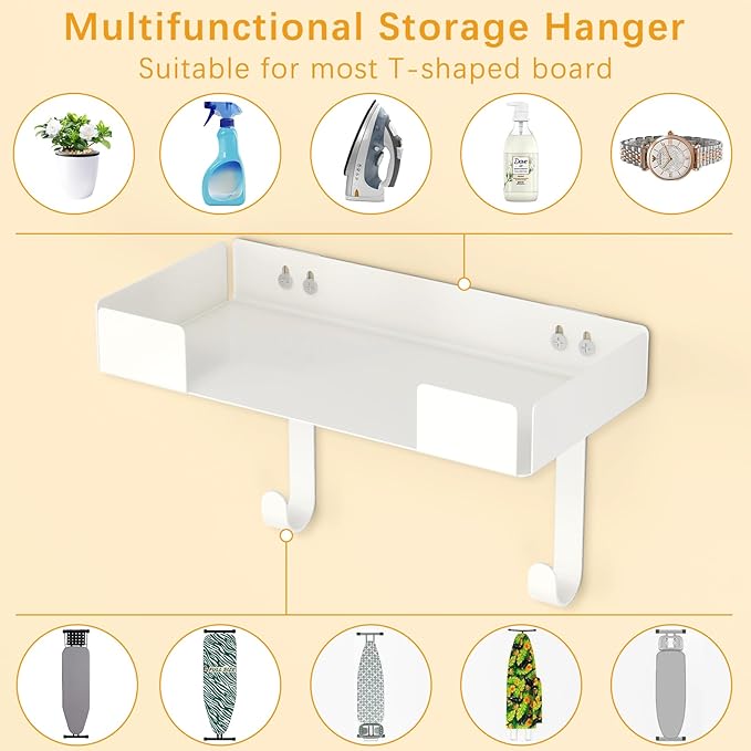JUYSON Ironing Board Holder Wall Mount, Iron Board Storage Hanger for Laundry Rooms, Iron and Ironing Board Set Holder (White-with Shelf)