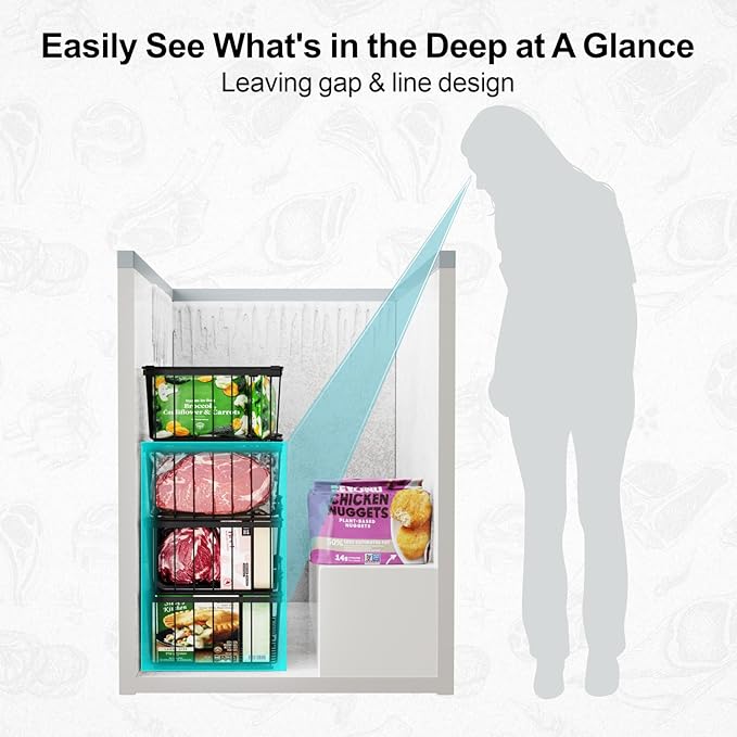 iSPECLE Chest Freezer Organizer - 3 Pack Stackable Deep Freezer Organizer Bins for 5 Cu Ft Freezer Sort Frozen Food, Freezer Organizer Bins Get Food Easily with Handle Add Storage Space, Black
