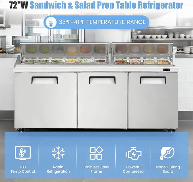 72" W Commercial Refrigerator Sandwich Salad Prep Table, Stainless Steel 3-Door Sandwich Prep Table Refrigerator, Counter Fan Cooling Refrigerator with 30 Pans for Restaurant, Bar