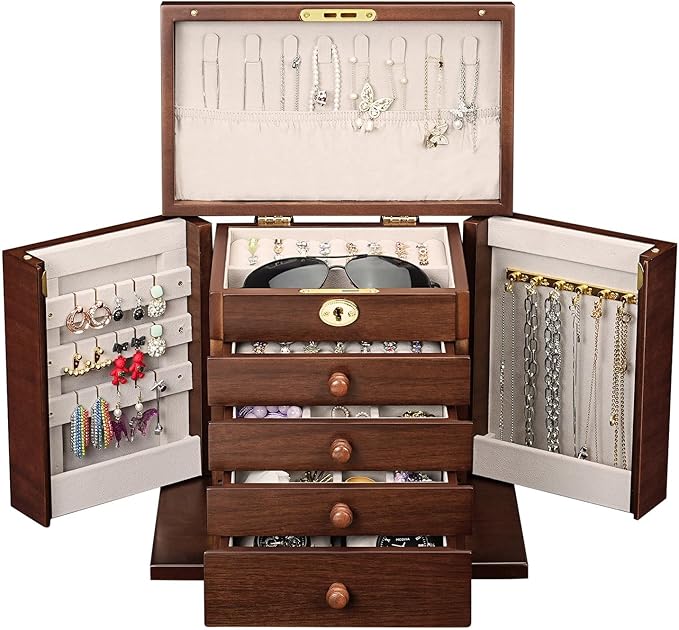 Lockable Wooden Jewelry Box for Women - 8-Layer Dresser Top Jewelry Boxes and Organizer with Key,Large Storage for Necklaces,Solid Wood Jewelry Organizers with Necklace Hooks