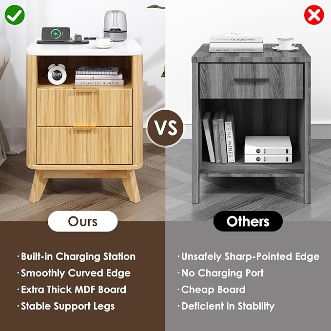 Nightstand with Charging Station, Fluted Nightstand with LED Lights, Modern Rustic Side Table with 2 Storage Drawers, Wooden End Table for Bedroom, Natural Oak