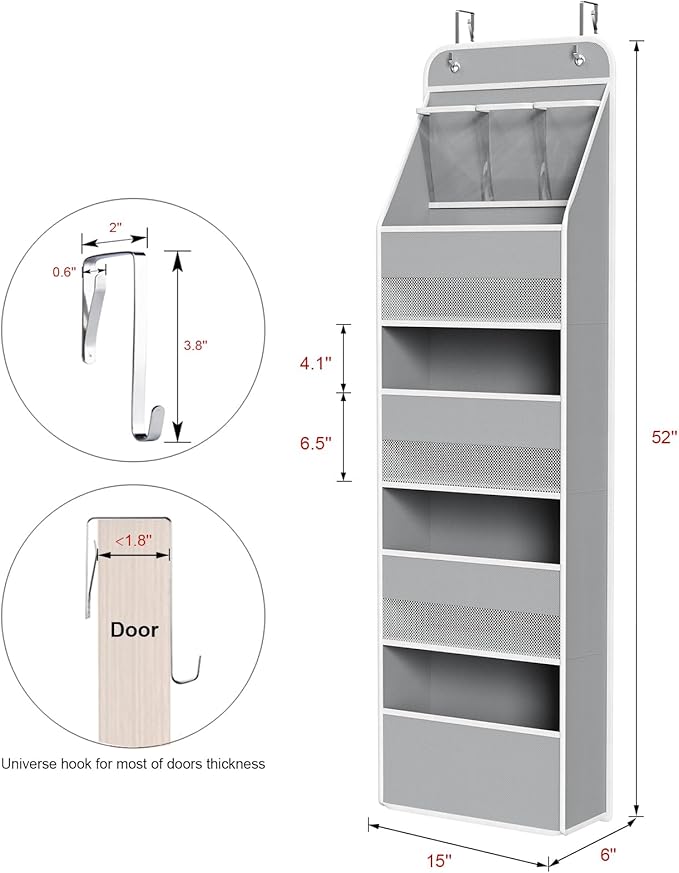Univivi 5-Shelf Fabric Door Storage Over Door Hanging Organizer with 4 Large Pockets and 3 Small PVC Pockets Nursery Closet Cabinet Wall Mount Hanging Storage Organizers for Baby Nursery (Grey)