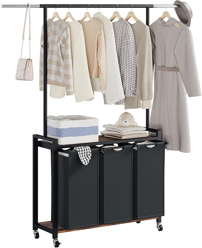 GarveeHome Rolling Laundry Cart with Hanging Rack & Utility Shelf | 3-Section Laundry Sorter Hamper with Lockable Wheels | Laundry Basket Organizer for Laundry Room, Bedroom, Bathroom | Black