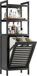 HITNET Tilt Out Laundry Hamper, Bamboo Bathroom Cabinet with Pull Out Removable Bag and 3 Tier Storage Shelves, 8.5 Gallon Clothes Basket with Metal Handle, Black