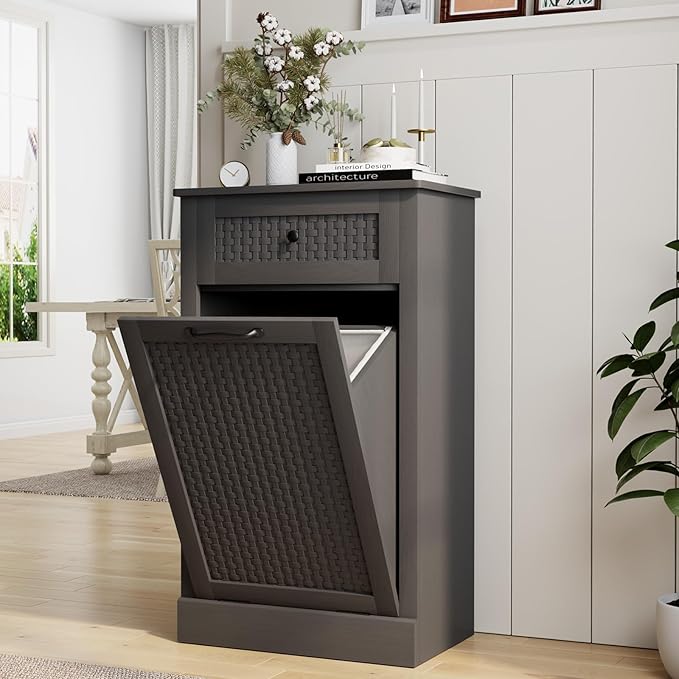 Tilt Out Laundry Hamper Cabinet,10 Gallon Laundry Cabinet with Drawers ＆ Hidden Baskets, Farmhouse Laundry Storage Basket for Laundry Room, Bathroom, Kitchen,Gray