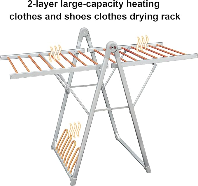Electric Heating Clothes Drying Rack,Foldable Clothes Drying Rack,Suitable for Drying Clothes, Shoes and Socks.Plug & Play,Silvery Gray,Aluminum Alloy,One-Click Switch(39.37×52.56×25.98in)