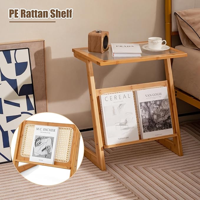 GOFLAME Rattan Side Table, Z-Shaped End Table with Magazine Rack, Bamboo Sofa Side Accent Table with Glass Top, Small Boho Nightstand, Bedside Table for Small Space, Living Room, Bedroom
