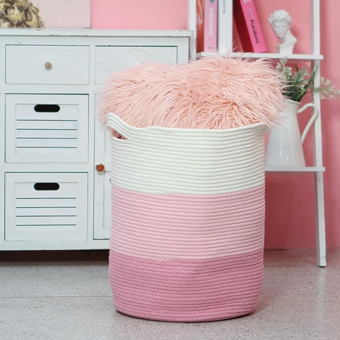Sea Team Large Size Cotton Rope Woven Storage Basket with Handles, Laundry Hamper, Fabric Bucket, Drum, Clothes Toys Organizer for Kid's Room, 20 x 14 inches, Round Open Design, White & Pink