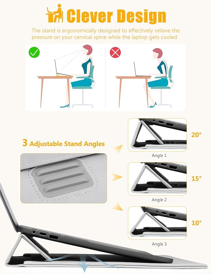 HYZUO 13 Inch Laptop Sleeve with Stand Feature for MacBook Air 13 M4 M3 M2 M1 2025-2018, MacBook Pro 13 M2 M1, 13" iPad Pro/Air, Surface Pro, with Carry Bag, Light Gray