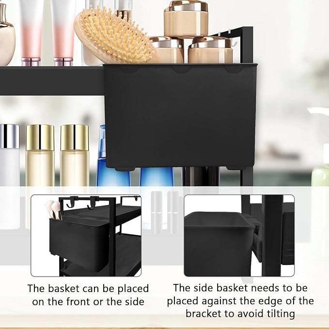 Bathroom Countertop Organizer with Basket & Hooks, 2 Tier Bathroom Organizers and Storage for Perfume, Cologne, Spice, Black Vanity Organizer for Kitchen, Office and Under Sinks
