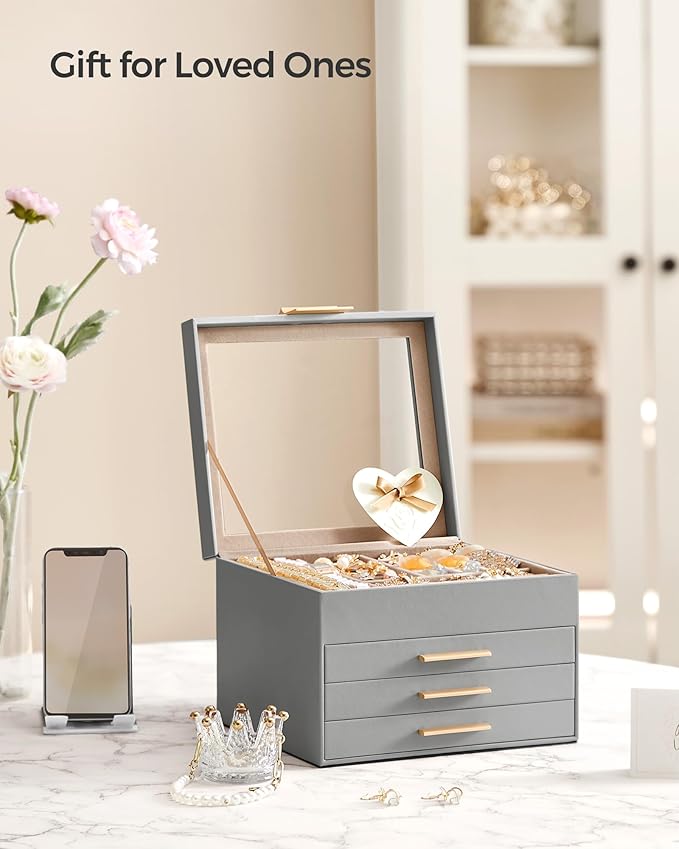 SONGMICS Jewelry Box Organizer with Glass Lid, 4-Layer Jewelry Storage, with 3 Drawers, Modern Style, Christmas Gift, 8 x 9.1 x 6.5 Inches, Dove Gray and Gold Color UJBC173G01
