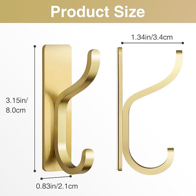 Gold Adhesive Wall Hooks for Hanging - Heavy Duty 13 lb Sticky Towel Hook for Bathroom, Door, Closet, Dorm, RV, Kitchen, Hanger for Coats, Bags, Keys, Purse, Clothes - Stainless Steel, 4 Pack