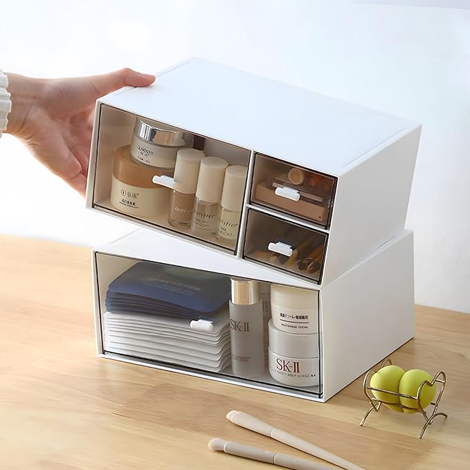 Desk Organizer and Storage with 1 Deep Drawer, Plastic Stackable Desktop Accessories & Workspace Organizer for Office Stationary Bathroom Craft Makeup, White