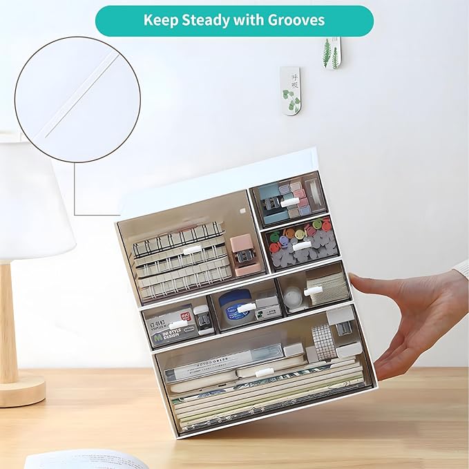Desktop Organiser with 5 Drawers, Stackable Plastic Storage Box on Desk, Small Drawers Storage Unit for Home Collection, Cosmetics, Office Supplies (2 Flat Layers, White)